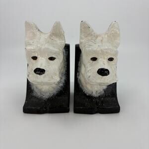 Vintage Cast Iron Scottie Dog Bookends Pair White Terrier White